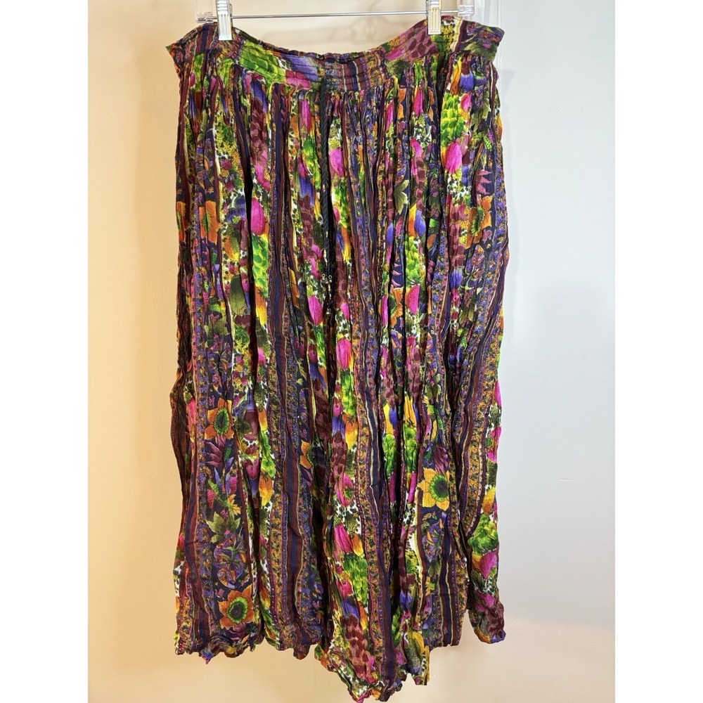 VTG SHORT CIRCUIT Floral Cotton Crinkle Maxi Skirt One Size Boho Festival Gypsy